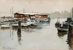 Grant T. Reynard, River Landscape with Bridge, houseboat, and docked boats, watercolor