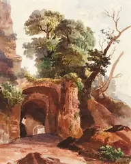 Lot of 2 paintings: 1. Italian View Old Style by Regis Francois Gignoux, c.1875, watercolor on paper, offered Sep 2021