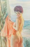 Vincent Nesbert, Nude by The Ocean, color, pencil and watercolor