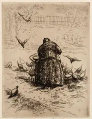 Grant T. Reynard, Feeding Chickens, etching