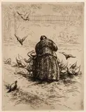 Grant T. Reynard, Feeding Chickens, etching