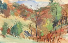 Autumn Landscape by Sam Sargent, watercolor with gouache, offered Sep 2021