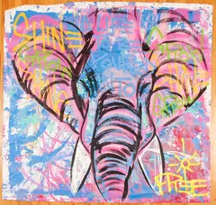 Shine Grow Elephant by Baron Batch, mixed media on unstretched canvas, 70 inches square. Batch is a multidimensional, offered Sep 2021