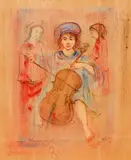 Edna Hibel, The Cellist, undated, unique, lithograph and soil on silk, mounted to board