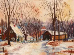 Covered Bridge by Christopher Mannich, oil on canvasboard, offered Sep 2021
