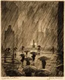 James Swann, Umbrella Weather, c.1950s, etching on paper