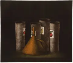 Tomoe Yokoi, Funnel and Fruit, color mezzotint, 11.75 x 13.75 inches, pencil