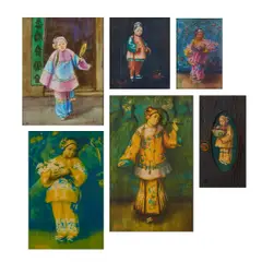Esther Hunt, two watercolors along with four off-set prints with original handpainted frames, (i) "Celebrating,", watercolor