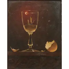 Al Proom, Still Life with Wine, Egg Shell, and Ship at Moonlight, oil on board, [approximate dimensions - board: 9 7/8" H x 7 7/8" W]