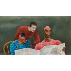 Joseph Hirsch, Clowns and the News, 1941, oil on canvas, [approximate dimensions - canvas: 23" H x 42 1/4" W]