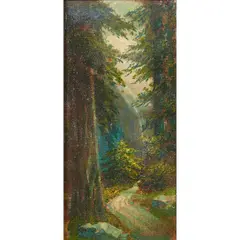 Redwoods by William Keith, oil on canvas mounted on board, [approximate dimensions -, offered Dec 2025