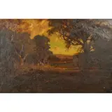William Keith, Landscape with Figures and Cows at Dusk, oil on canvas, [approximate dimensions - canvas: 20" H x 30" W]