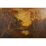 William Keith, This Drinking Pool (Cows Near Pond at Dusk), oil on canvas, [approximate dimensions - canvas: 20" H x 30" W]