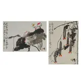 TING Yan-Yong, : Two Painted Scrolls Including 'Water Lilies and Frog', 'Zucchinis and Frogs.', Ink and color on paper