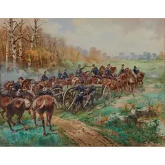 Charles Escribe, Prussian Army Pushing Cannon Across Field, watercolor on paper, [approximate dimensions -