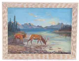 Elk Drinking Water, Untitled, oil painting by r. vosen