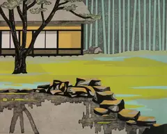 - ''The House at Pond-Side''- by Kiyoshi Nagai, woodcut in color, 1972, offered Feb 2019