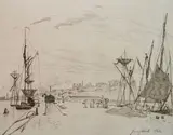 Johan Jongkind, - ''Vue du port au chemin de fer a Honfleur'' (Delteil 13)-, etching, ca. 1866, first state of 2, 1/4'' tear on bottom edge, margin