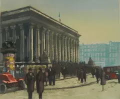Georges Pierre Guinegault, - ''Paris, La Bourse'' (Stock Exchange)-, aquatint in color, c. 1930