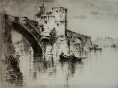 Sidney Mackenzie Litten, - ''The Bridge, Avignon''-, etching and drypoint on heavy green wove paper