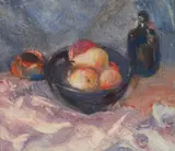 Julius David Katzieff, - Bowl of Fruit with Bottle and Cup-, monotype in color on heavy laid Japan paper