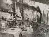 John Noble, - ''Towing Ont-End of Sail in The East River'' Downtown Trilogy (Urban 63, 65 and 66)-, lithograph, 1975