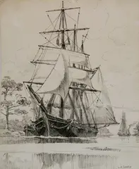 L. A. Shafer, - Ships-, pen and ink on paper