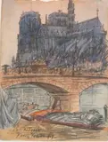 Paul Travis, - Notre Dame, Paris-, graphite and watercolor on paper, 1919