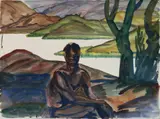 Paul Travis, - African Landscape with Figure-, watercolor on paper, 1928