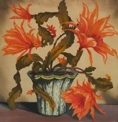 Hugo Noske, - Vase with Orange Flowers-, woodcut in color, c. 1930