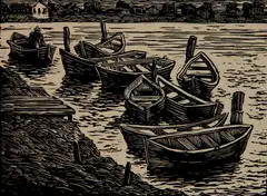 - ''Boats at Rest, NY''- by Albert Abramovitz, woodcut, 1932, offered Dec 2018