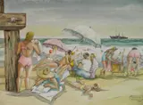 James Carlin, - Beach Scene, Belmar, NJ-, watercolor on paper, 1945