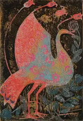 József Domján, - ''Peacock of Tulips''-, woodcut in color, ca. 1966