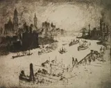 Joseph Pennell, - ''Sunset, From Williamsburg Bridge'' (Wuerth 674)-, etching and drypoint, 1915