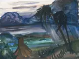 Paul B. Travis, - African Landscape with Palm Trees-