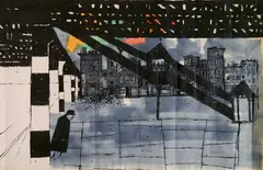 Gregorio Prestopino, - Cityscape with Figure Walking- silkcreen in colors, signed and annotated 'artist proof' in, pencil, several vertical creases from being rolled, some breakage to ink surface