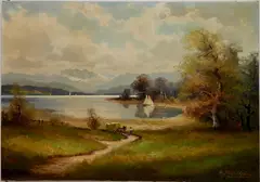 Helmut Stadelhofer, - Landscape with Sailboat and Carriage-, oil on canvas