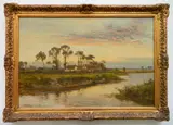 Daniel Sherrin, - Figures and Houses By Stream at Sunset-, oil on canvas