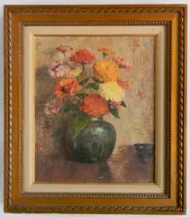Dines Carlsen, - Still-Life with Mums and Astoria-, oil on canvasboard, ca. 1928, estate