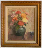 Dines Carlsen, - Still-Life with Mums and Astoria-, oil on canvasboard, ca. 1928, estate