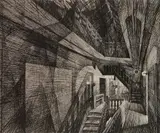 Armin Landeck, - ''Stairhall'' (Kraeft 108)-, engraving on heavy wove paper, 1950
