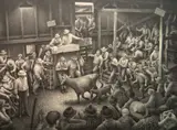 Jackson Lee Nesbitt, - ''Auction Barn'' (Retif & Salzer 37)-, lithograph, 1989