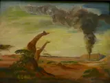 Paul B. Travis, - ''Civil War, Giraffes and Smoke''-, oil on masonite, grime on upper half, minor craquelure