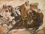 Paul B. Travis, - Tiger Attacking Elephant and Two Riders-