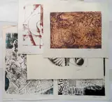 Hilliard Dean, - ''Gratitude''; ''Portrait I''; ''Supermarket''; and Untitled (2)- 1, silkscreen, 2 mixed media collage, 1 woodcut and 1 lithograph, some creases, oth