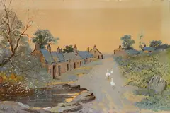 - Townscape with Geese- by William Meredith, watercolor (gouache?) on paper, offered Sep 2018
