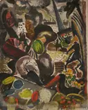 Paul B. Travis, - Abstracted Figures-, oil on masonite, estate