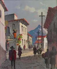 Frank Beatty, - ''Street Scene, Taxco Mexico''-, oil on canvasboard, ca. 1964