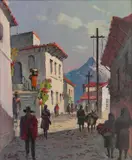 Frank Beatty, - ''Street Scene, Taxco Mexico''-, oil on canvasboard, ca. 1964