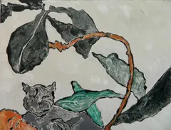 Gloria Plevin, - ''Fiddle Leaf Fig and Cat''- monoprint, 1991, signed, dated and titled in pencil, minor handling creases, unknown white substance in top margin, possibly, ink